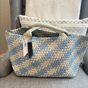 NWT Naghedi Blue and Cream Geometric Medium Woven Tote